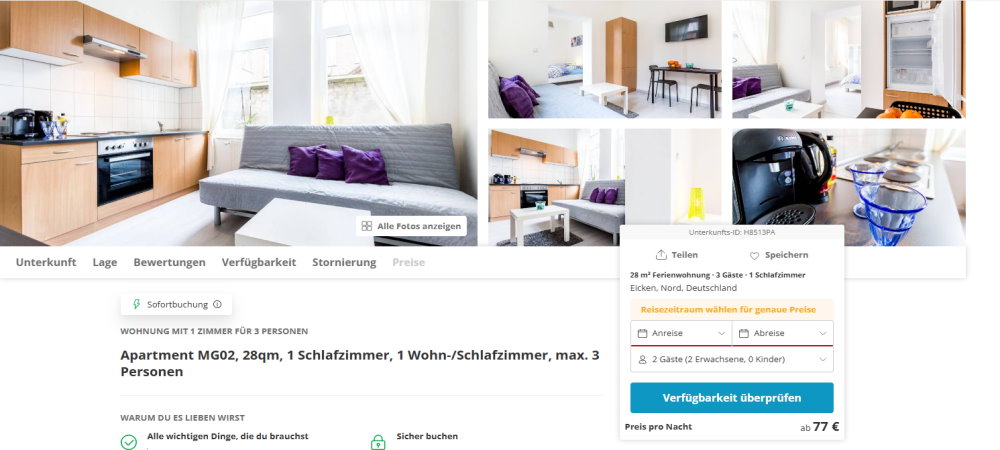 Mönchengladbach – Apartment 28qm, 1 Schlafzimmer, 1 Wohn-/Schlafzimmer, max. 3 Personen
